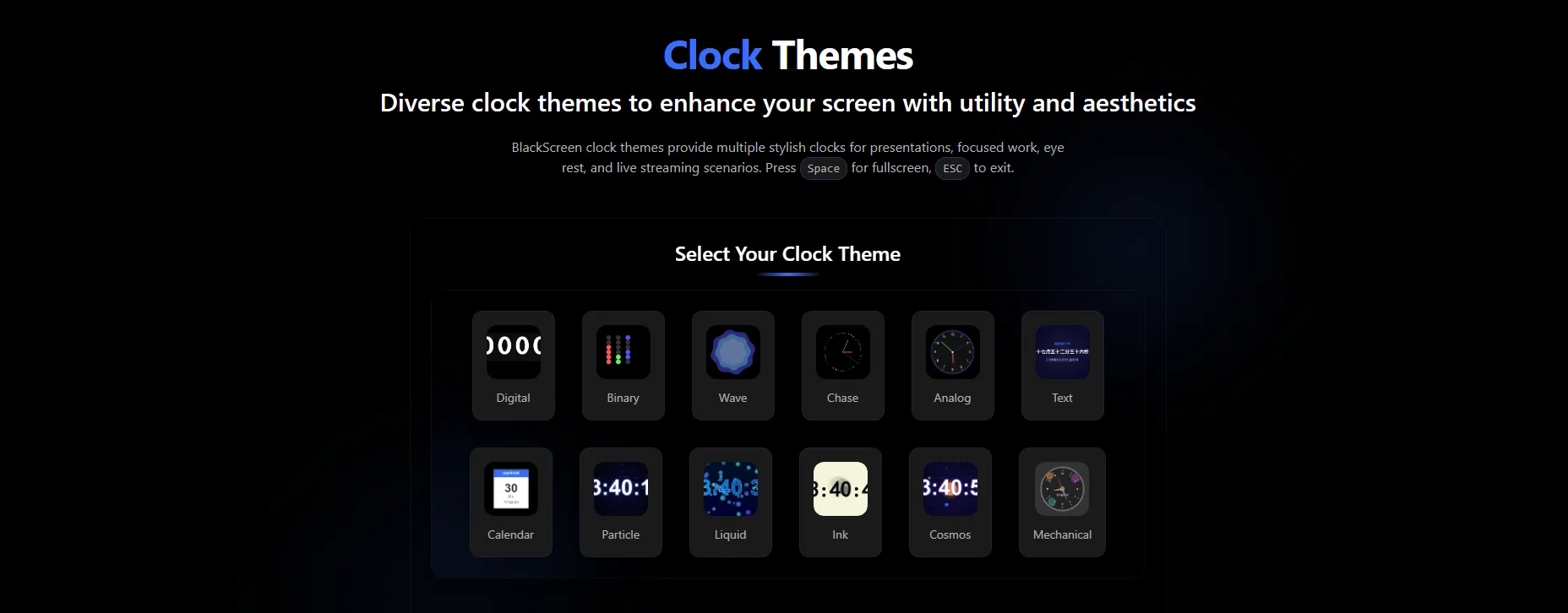 Figure 3: BlackScreen's clock themes options for productivity